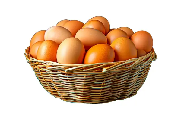 Yumurta dolu el yapımı hasır sepet. Yumurtalar, kahverenginin farklı tonlarında dikkatlice istiflenir sepeti hasırın dokusunu ve tasarımını vurgulayacak şekilde doldurur..