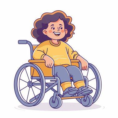 Tekerlekli sandalyede oturan kız. O, sarı bir tişört ve gri pantolon giyiyor. Tekerlekli sandalye mavi, sarı detaylarla dolu, hareket kabiliyeti düşük insanlar için kapsayıcı ve erişilebilirliği vurguluyor..