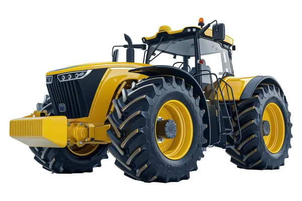 Büyük sarı tarımsal traktör ve siyah detaylar. Geniş ve sağlam lastikleri, geniş pencereli bir taksisi ve modern ve güçlü bir tasarımı var..