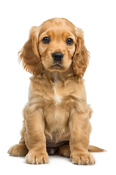 Altın kaplama köpek yavrusu beyaz arka planda oturuyor. Cocker spaniel köpeğinin uzun sarkık kulakları vardır ve ceketi yumuşak ve dalgalıdır. Yavru köpeğin şefkati ve güzelliğinden dolayı resim ilginç..