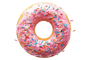 Beyaz bir yüzeyde pembe kremalı ve renkli şekerlemeli bir çörek. Şekerler çöreğin etrafına saçılmış..