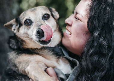 Genç bir Latin 'in siyah ve bej köpeğini öptüğü yakın plan bir görüntü. Köpek, karşılıklı sevgiyi gösteren zarif bir jest yaparak dilini dışarı çıkarır. Köpekler için mükemmel bir sevgi gösterisi..