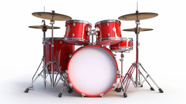 Beyaz arka planda altın zilleri olan kırmızı davullar. Bas davul, Tom 'lar, tuzak ve ziller dahil. Müzikal tema, konser ya da vurmalı çalgıları profesyonel tarzda resmetmek için mükemmel.