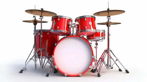 Beyaz arka planda altın zilleri olan kırmızı davullar. Bas davul, Tom 'lar, tuzak ve ziller dahil. Müzikal tema, konser ya da vurmalı çalgıları profesyonel tarzda resmetmek için mükemmel.