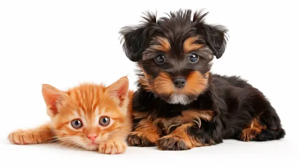 Bir yavru köpek ve bir kedi yavrusu beyaz bir arka planda birlikte dinleniyorlar. Kedi yavrusu turuncu ve köpek yavrusu siyahtır. Şefkat, dostluk