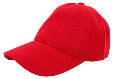 Tarafsız bir arka planda klasik dizayn ve görünür dikişli kırmızı beyzbol şapkası. Moda kavramları, spor, şehir tarzı veya günlük aksesuarlar için ideal.
