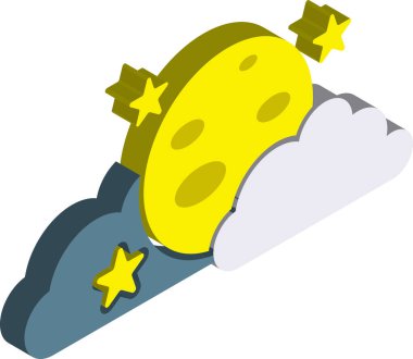 Arka planda izole edilmiş üç boyutlu izometrik biçimdeki ay ve bulutlar çizimi