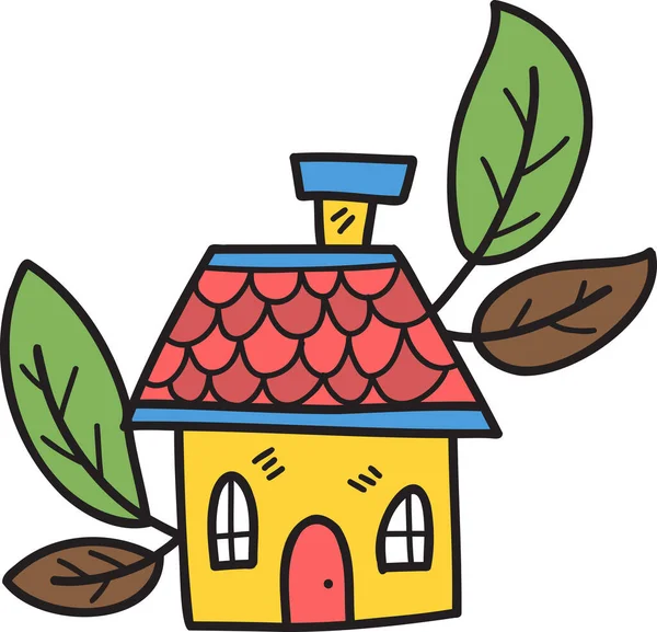Dibujado Mano Linda Casa Hojas Ilustración Aislada Sobre Fondo — Vector de stock