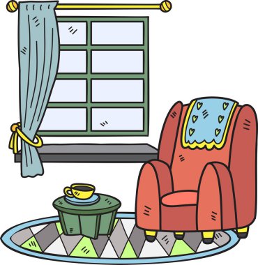 El çizimi kanepe ve pencere içi oda çizimi arka planda izole