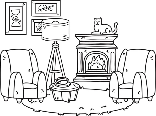 Ręcznie Rysowane Kominek Kotów Sofa Wnętrza Pokoju Ilustracji Izolowane Tle — Wektor stockowy