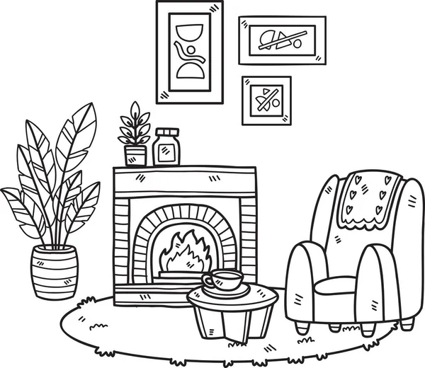 手描き暖炉植物やソファの室内イラストを背景に隔離 — ストックベクタ