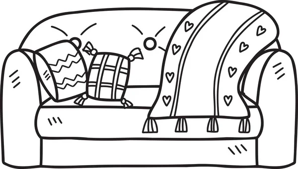 Canapé Dessiné Main Avec Couverture Coeur Mignon Oreillers Illustration Isolé — Image vectorielle