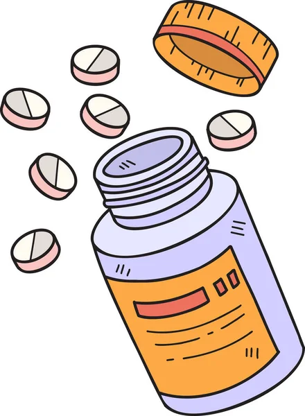Kézzel Rajzolt Tabletták Gyógyszeres Palackok Illusztráció Elszigetelt Háttér — Stock Vector