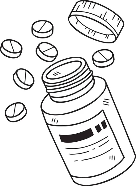背景に描かれた手描きの錠剤と薬瓶のイラスト — ストックベクタ