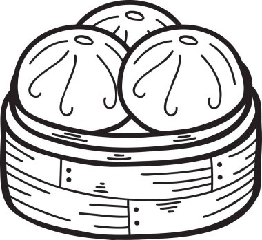 El yapımı buharda pişirilmiş çörek ve bambu tepsisi Çin ve Japon yemek çizimleri arka planda izole edilmiş.
