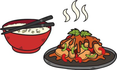El yapımı pirinç ve kızarmış sebzeler. Çin ve Japon yemek örnekleri arka planda izole edilmiş.