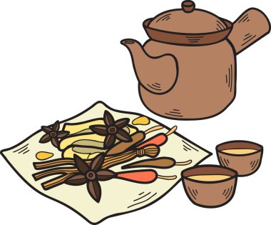 El yapımı Çin bitkileri. Çin ve Japon yemek çizimleri. Arka planda izole edilmiş.