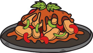 El yapımı kızarmış sebzeler Çin ve Japon yemek çizimleri arka planda izole edilmiş.