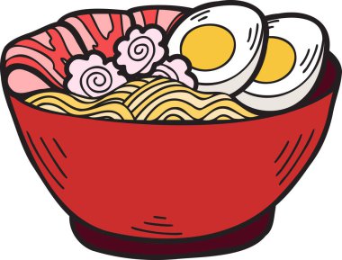 El yapımı erişte ya da ramen Çin ve Japon yemek çizimleri arka planda izole edilmiş.