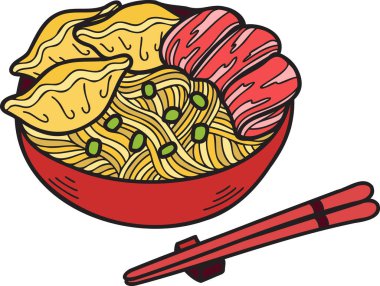 El yapımı erişte ya da ramen Çin ve Japon yemek çizimleri arka planda izole edilmiş.