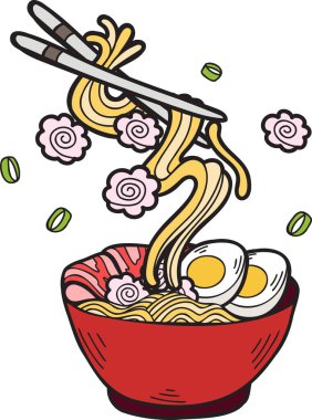 El yapımı erişte ya da ramen Çin ve Japon yemek çizimleri arka planda izole edilmiş.