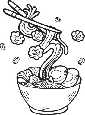 El yapımı erişte ya da ramen Çin ve Japon yemek çizimleri arka planda izole edilmiş.