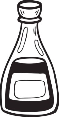 El yapımı soya sosu şişesi Çin ve Japon yemek çizimleri arka planda izole edilmiş.