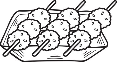 El yapımı kızarmış köfteler Çin ve Japon yemek çizimleri arka planda izole edilmiş.