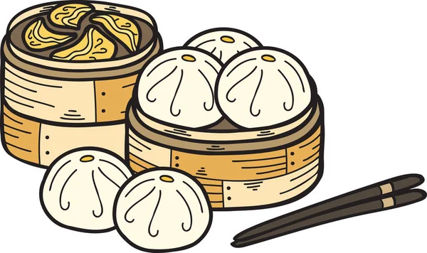 Pain Vapeur Dessiné Main Avec Plateau Bambou Illustration Alimentaire Chinoise — Image vectorielle