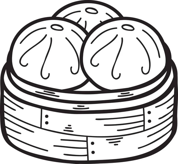 竹盆付き手描き蒸し饅頭背景に中国料理と日本料理のイラストが孤立 — ストックベクタ