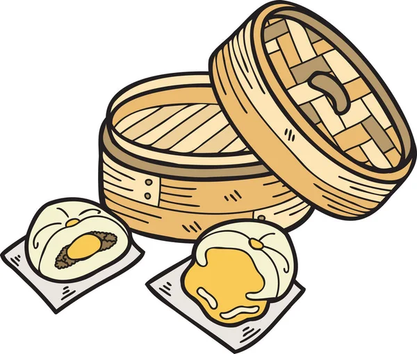 Handgezeichnetes Gedämpftes Brötchen Mit Bambustablett Chinesische Und Japanische Lebensmittel Illustration — Stockvektor