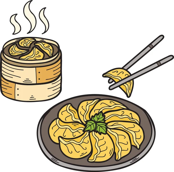 手绘饺子或带有竹盘的饺子中 日式食品图解 独立背景 — 图库矢量图片