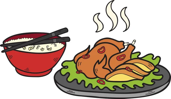手绘米配烤鸡排中 日食品图解 背景分离 — 图库矢量图片