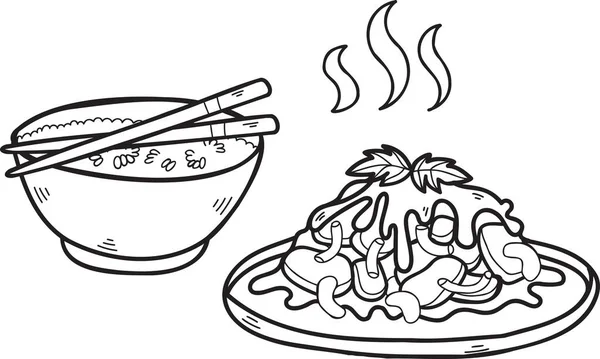 带有油炸蔬菜的手绘水稻中 日式食品图解 背景分离 — 图库矢量图片
