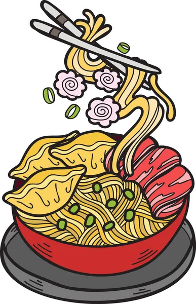 手绘面条或拉面中 日式食品图解 背景孤立 — 图库矢量图片