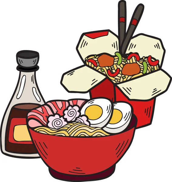 手绘面条及即时面条中 日式食品图解 背景孤立 — 图库矢量图片