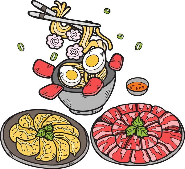 手绘面条 Gyoza 日式食品图解 背景孤立 — 图库矢量图片