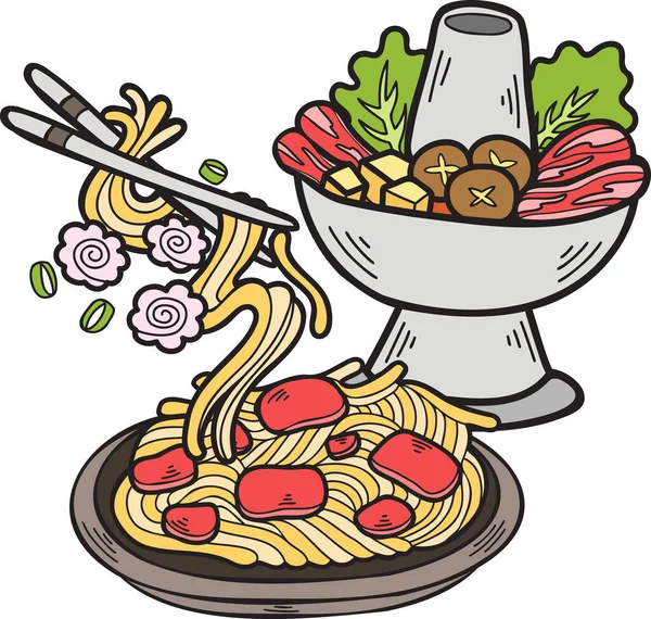 手绘火锅和面条中 日式食品图解分离背景 — 图库矢量图片