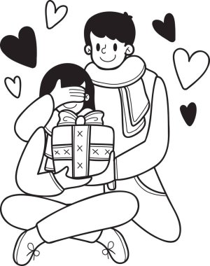 El çizen adam, kadına arka planda izole edilmiş bir hediye illüstrasyonu veriyor.