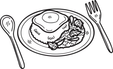 Arka planda el yapımı fesleğenli kızarmış pirinç ve kızarmış yumurta ya da Tayland yemeği çizimi var.