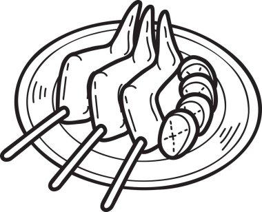 El Yazması Izgara Tavuk Kanatları ya da Tayland yemeği çizimi arka planda izole