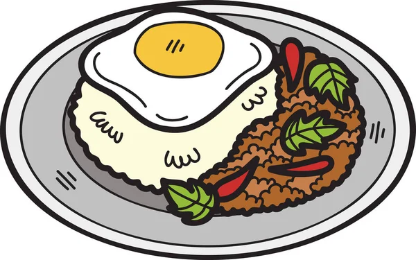 Handgezeichneter Basilikum Gebratener Reis Mit Gebratenem Oder Thailändischem Essen Illustration — Stockvektor
