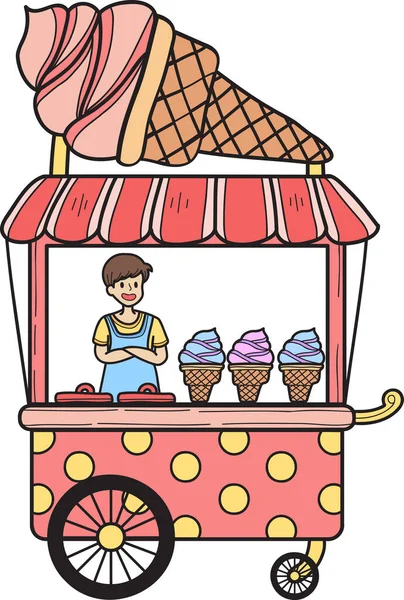 手描きストリートフードアイスクリームカートイラストを背景に隔離 — ストックベクタ