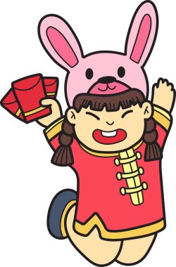 Arka planda kırmızı zarflı el çizimi Çinli kız resmi var.