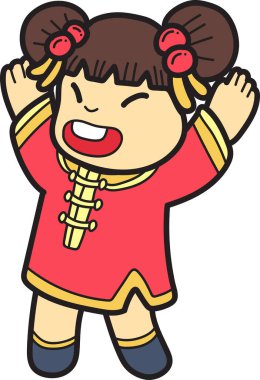 El çizimi, gülümseyen Çinli kız ve arka planda izole edilmiş mutlu illüstrasyon.