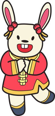 El çizimi, gülümseyen Çin tavşanı ve arka planda izole edilmiş mutlu illüstrasyon.