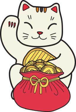 El çizimi şanslı kedi para çizimi arka planda izole