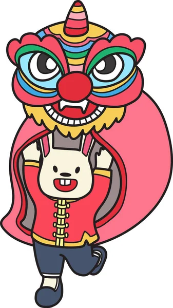 Hand Drawn Chinese Lion Dancing Rabbit Illustration Isolated Background — Stock Vector