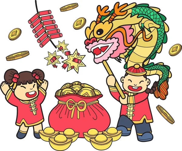 Hand Drawn Chinese Boy Dancing Dragon Money Bag Girl Illustration — Stock Vector