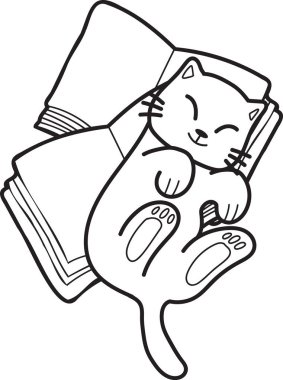 Hand Drawn cat lying on stack of books illustration in doodle style isolated on background
